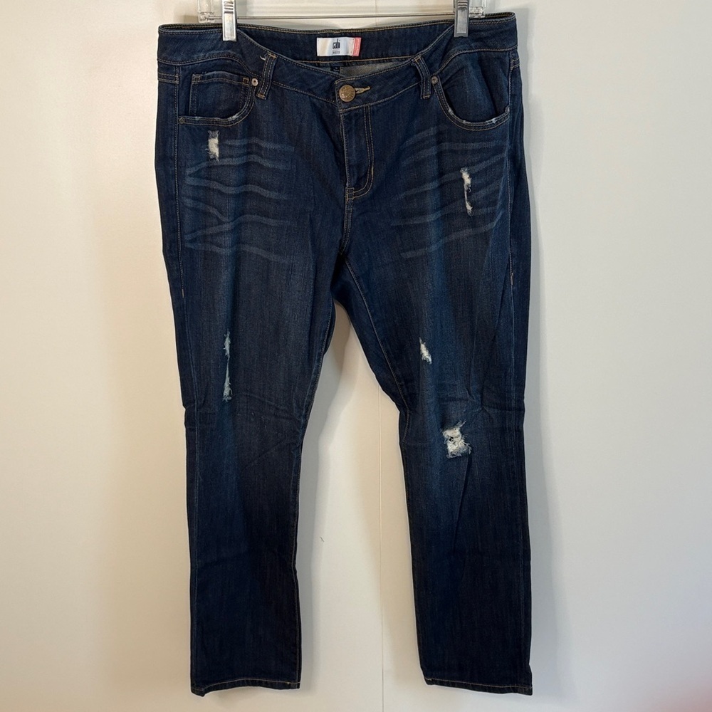 CAbi Dark Blue Distressed Slim Boyfriend Jeans with Yellow Stitching style 3045
